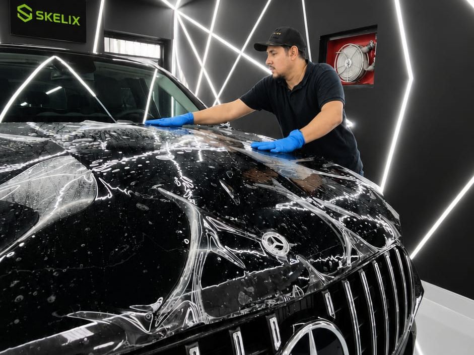 An installer working paint protection film across the bonnet of a black SUV in a lit installation bay.
